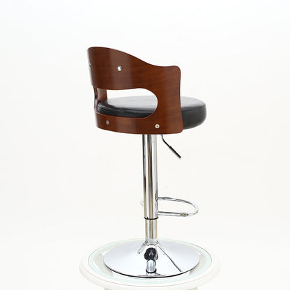 Adjustable Height Bar Stool Bentwood Cutout Backrest Black Leather Cushion & Chrome Disc Base