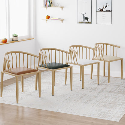 Nordic Slatted-Back Dining Chair Light Wood Frame Curved Armrest & Leather Cushion