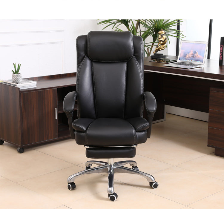 Luxury Brown Leather High-Back Office Chair Footrest, Ergonomic Support Chrome Casters – Plush Executive Seating for Workspaces & Home Offices