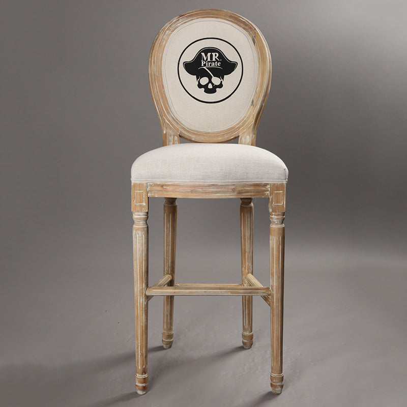Vintage Wooden Bar Stool with Pirate Skull Design Distressed Finish & Upholstered Seat for Home/Bar