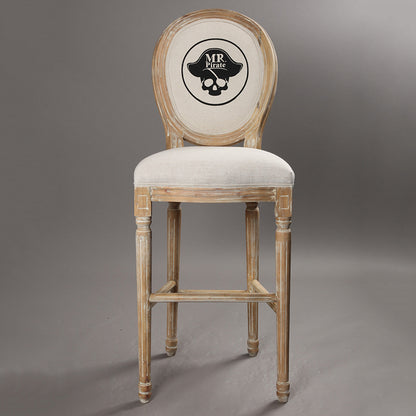Vintage Wooden Bar Stool with Pirate Skull Design Distressed Finish & Upholstered Seat for Home/Bar