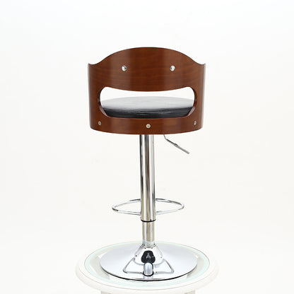 Adjustable Height Bar Stool Bentwood Cutout Backrest Black Leather Cushion & Chrome Disc Base
