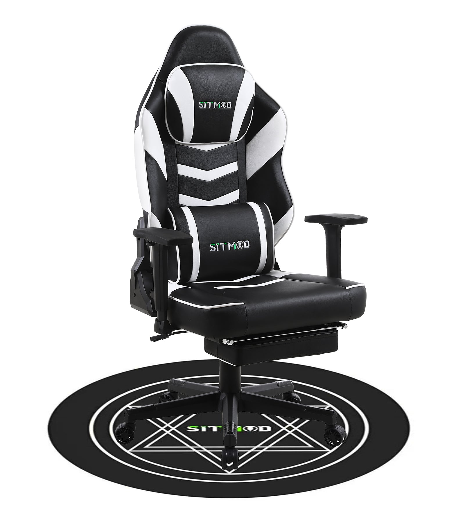 P05-SITMOD Black-White Massage Gaming Chair: Lumbar Pillow, Footrest, Mat, Adjustable Ergonomic Support for Gaming & Office Work Sessions