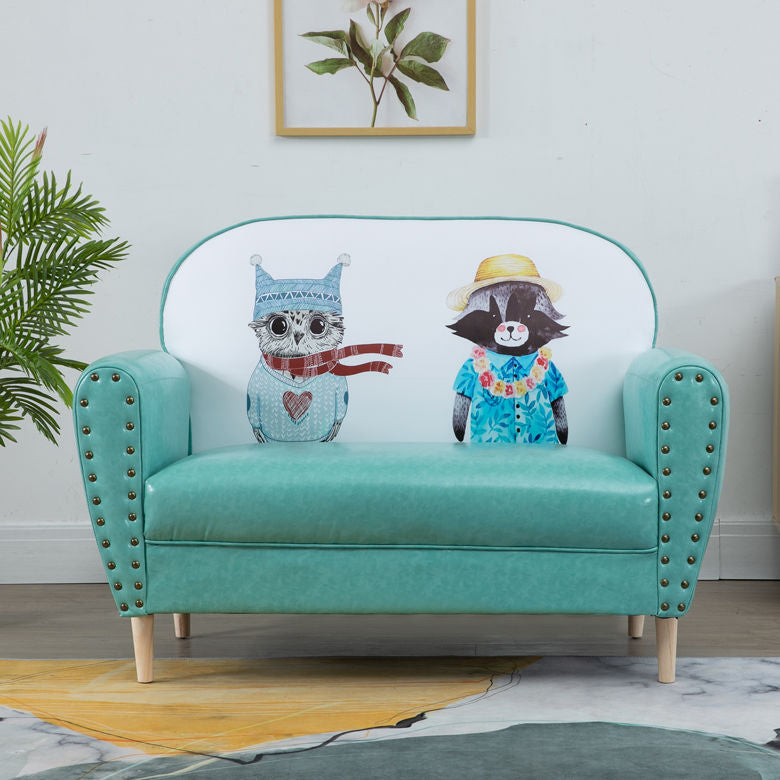 Whimsical Animal-Print Sofa Colorful Leather Upholstery Studded Armrests Kids-Friendly Design