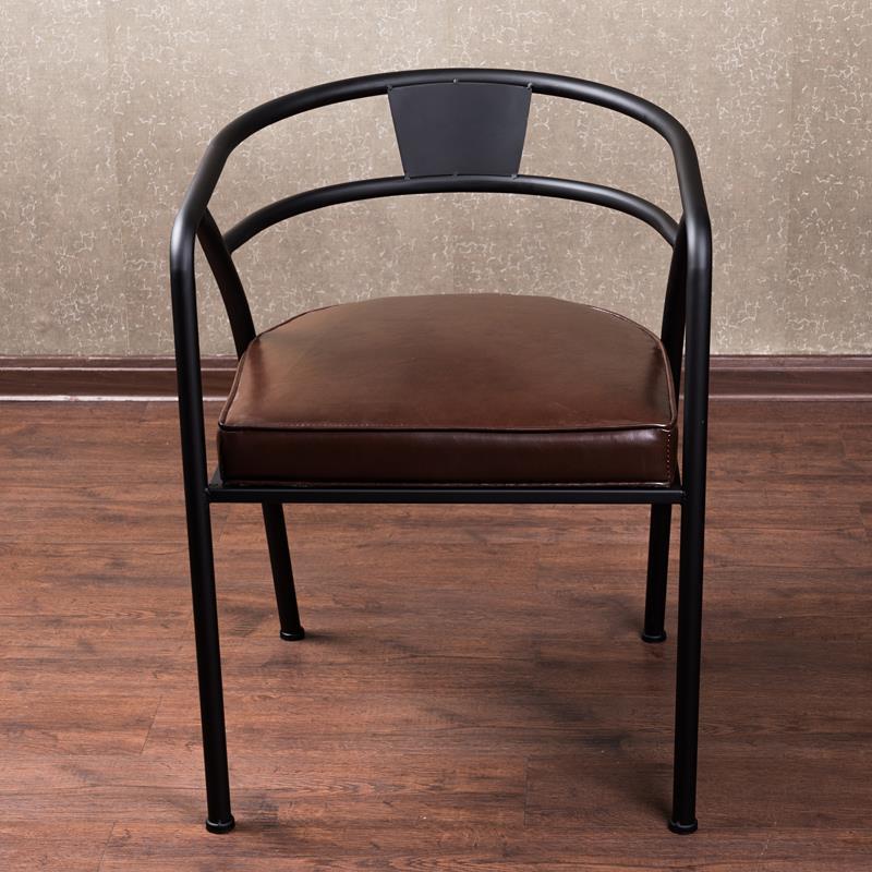 C-18-SITMOD Modern Industrial Armchair: Black Metal Frame, Brown Leather Cushion & Curved Arm Design