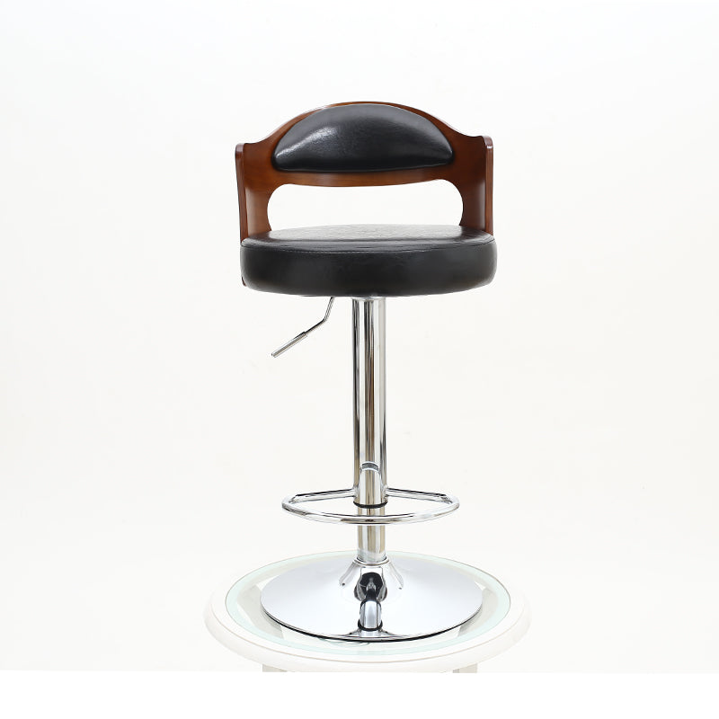 Adjustable Height Bar Stool Bentwood Cutout Backrest Black Leather Cushion & Chrome Disc Base