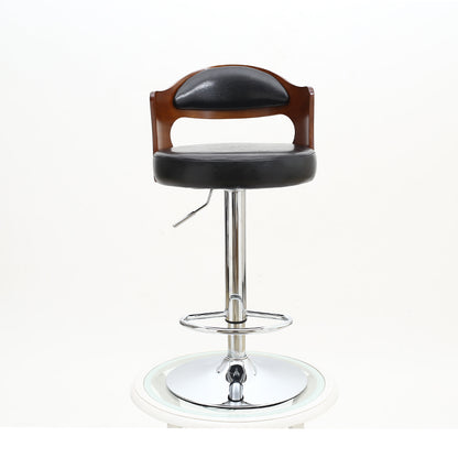 Adjustable Height Bar Stool Bentwood Cutout Backrest Black Leather Cushion & Chrome Disc Base