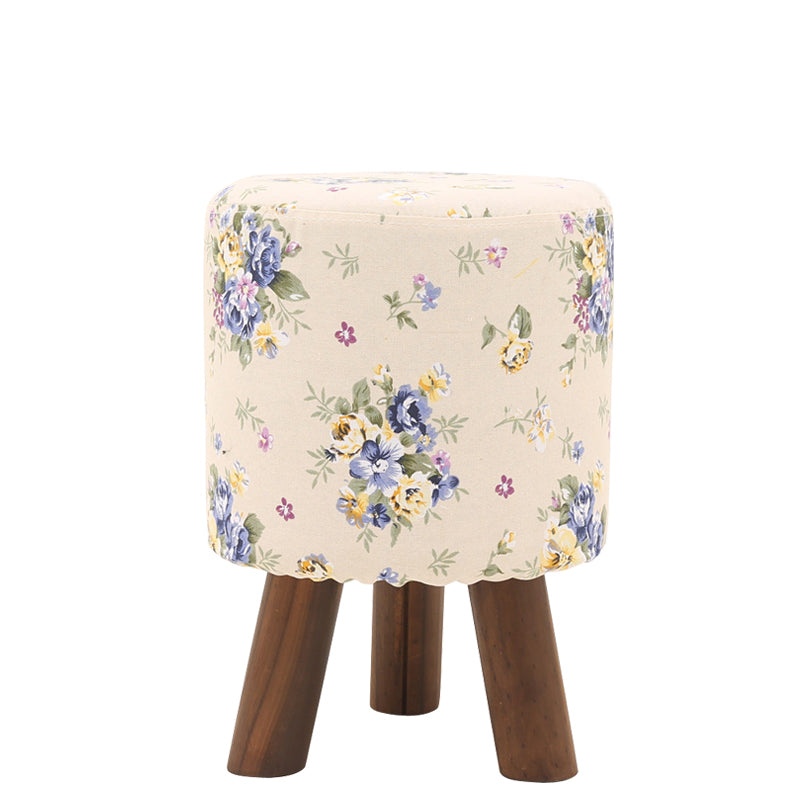 Plaid Fabric Ottoman with Wooden Legs-Rustic Round Footstool for Home Decor