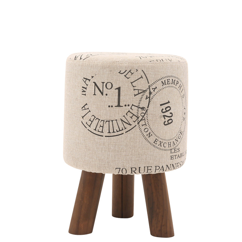 Plaid Fabric Ottoman with Wooden Legs-Rustic Round Footstool for Home Decor