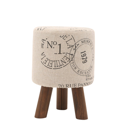 Plaid Fabric Ottoman with Wooden Legs-Rustic Round Footstool for Home Decor