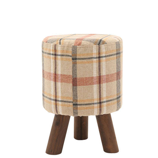 Plaid Fabric Ottoman with Wooden Legs-Rustic Round Footstool for Home Decor