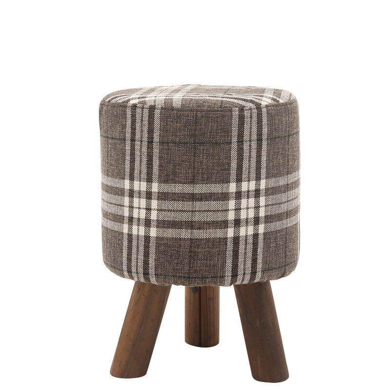 C01 Plaid Fabric Ottoman with Wooden Legs - Rustic Round Footstool for Home Decor