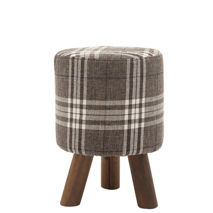 Plaid Fabric Ottoman with Wooden Legs-Rustic Round Footstool for Home Decor
