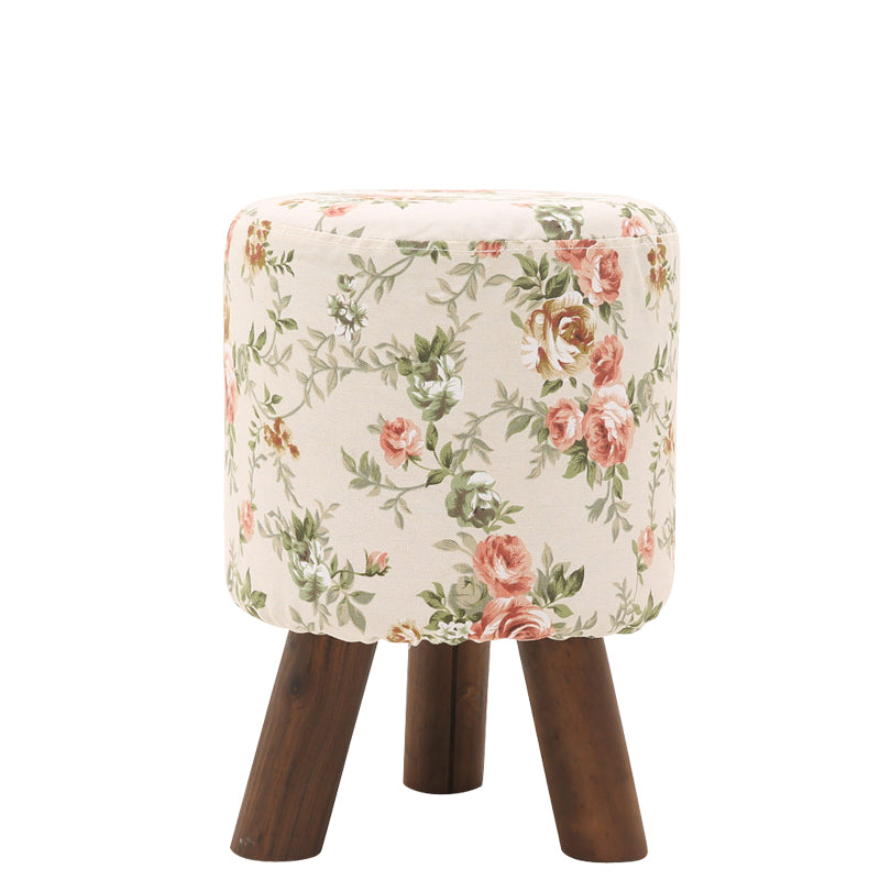 C01 Plaid Fabric Ottoman with Wooden Legs - Rustic Round Footstool for Home Decor