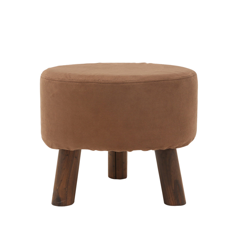 Plaid Fabric Ottoman with Wooden Legs-Rustic Round Footstool for Home Decor