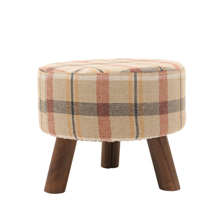 Plaid Fabric Ottoman with Wooden Legs-Rustic Round Footstool for Home Decor