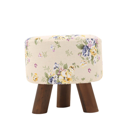Plaid Fabric Ottoman with Wooden Legs-Rustic Round Footstool for Home Decor
