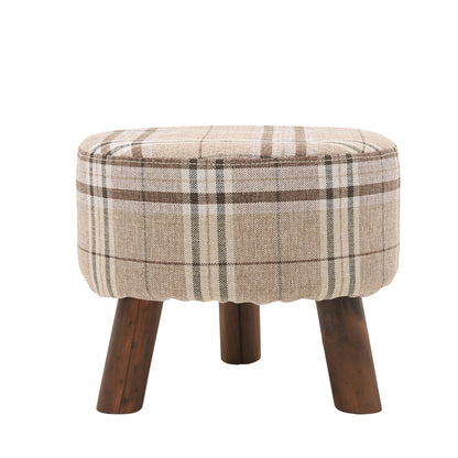 Plaid Fabric Ottoman with Wooden Legs-Rustic Round Footstool for Home Decor