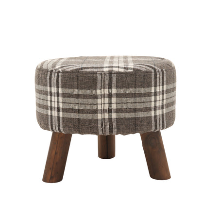 Plaid Fabric Ottoman with Wooden Legs-Rustic Round Footstool for Home Decor