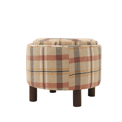 Plaid Fabric Ottoman with Wooden Legs-Rustic Round Footstool for Home Decor