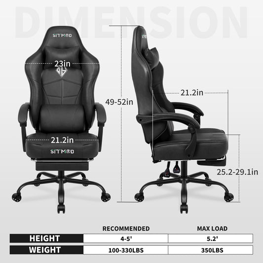 PU Leather Gaming Chair, Ergonomic Office Chair with Footrest and Lumbar Support, Comfortable High Back Computer Chairs for Adults, Height Adjustable Gamer Chair