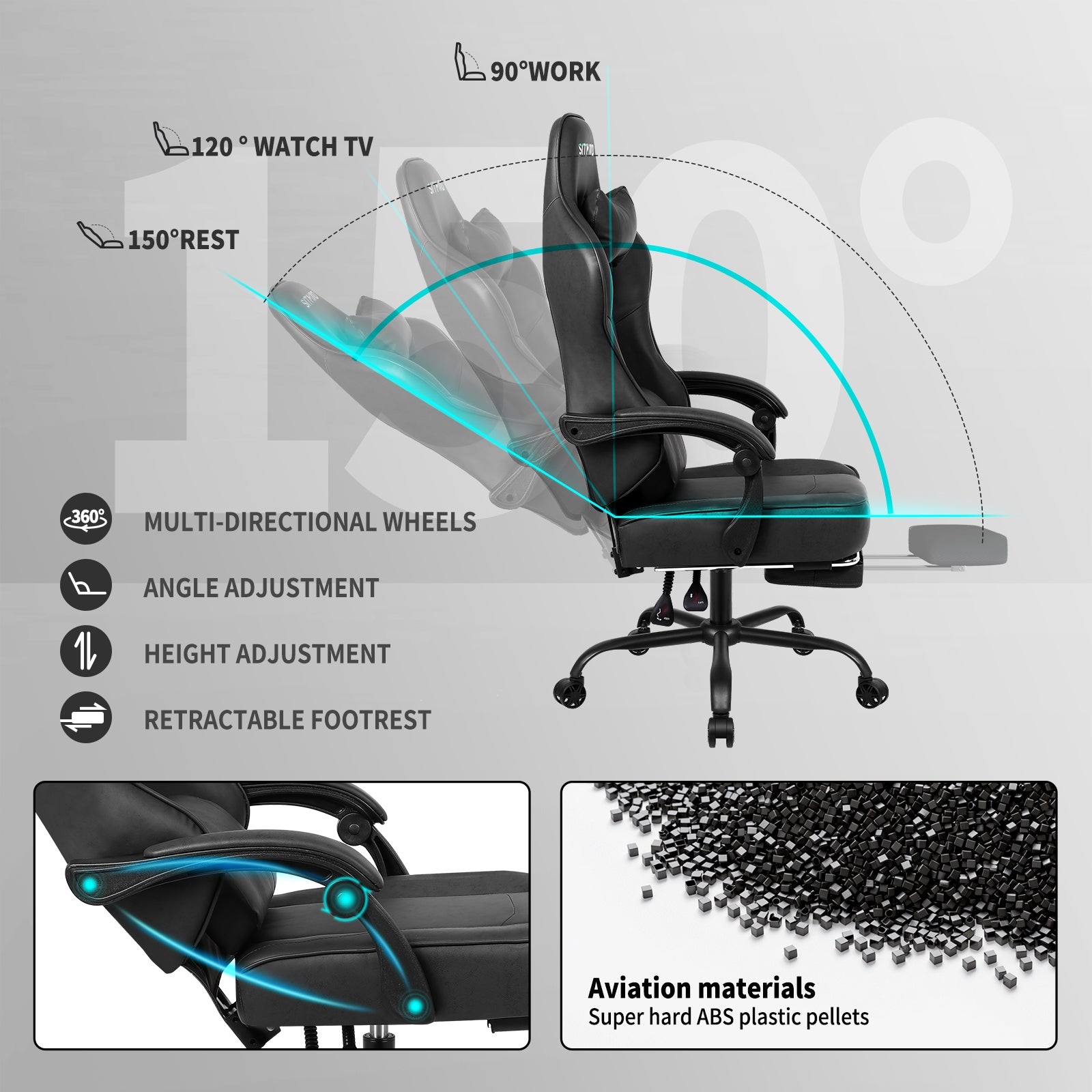 PU Leather Gaming Chair, Ergonomic Office Chair with Footrest and Lumbar Support, Comfortable High Back Computer Chairs for Adults, Height Adjustable Gamer Chair