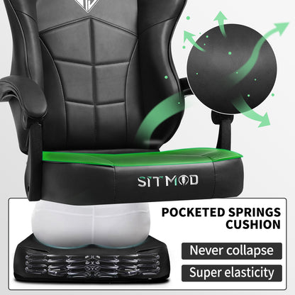 PU Leather Gaming Chair, Ergonomic Office Chair with Footrest and Lumbar Support, Comfortable High Back Computer Chairs for Adults, Height Adjustable Gamer Chair