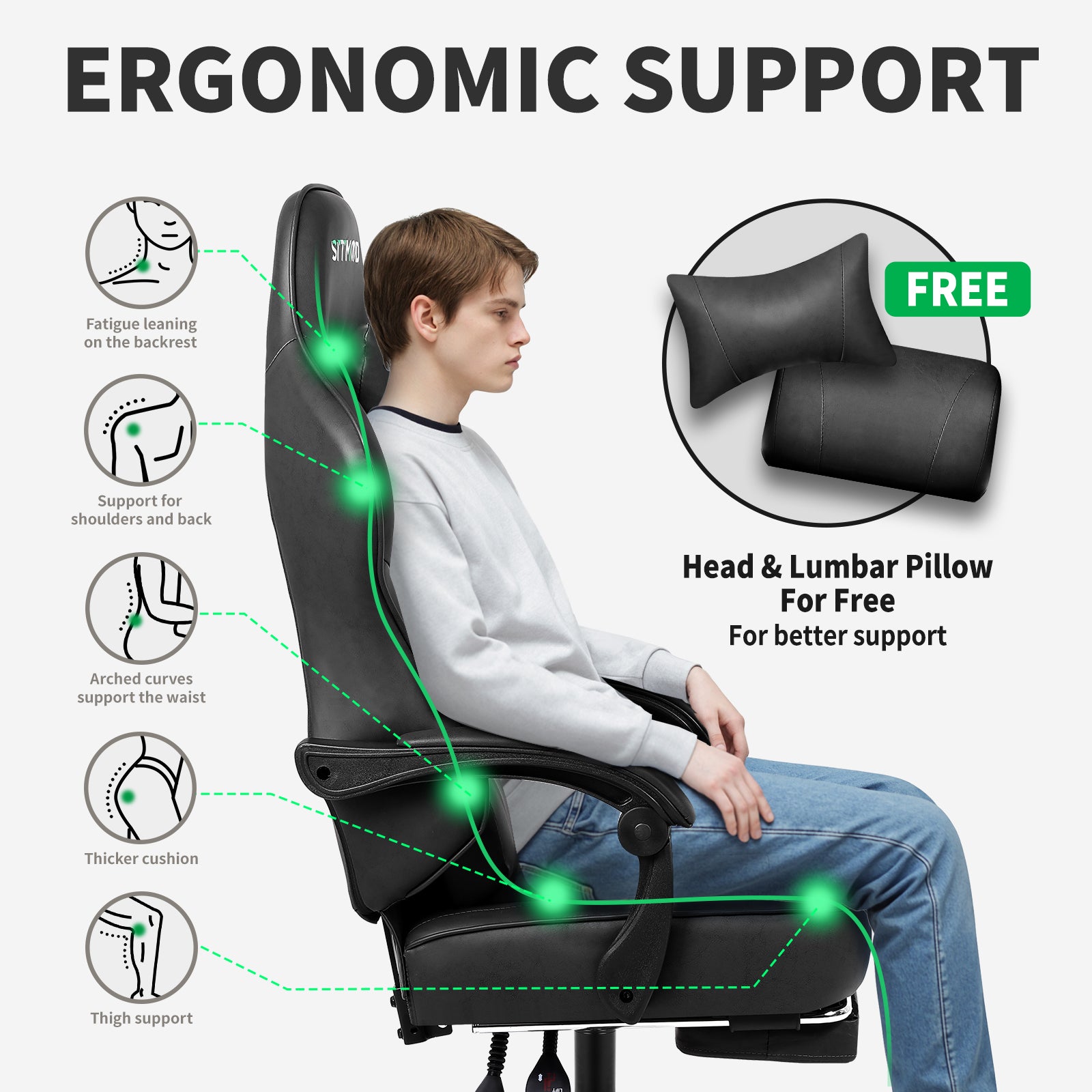 PU Leather Gaming Chair, Ergonomic Office Chair with Footrest and Lumbar Support, Comfortable High Back Computer Chairs for Adults, Height Adjustable Gamer Chair