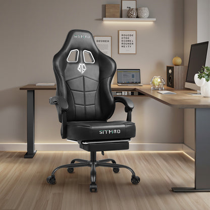 PU Leather Gaming Chair, Ergonomic Office Chair with Footrest and Lumbar Support, Comfortable High Back Computer Chairs for Adults, Height Adjustable Gamer Chair