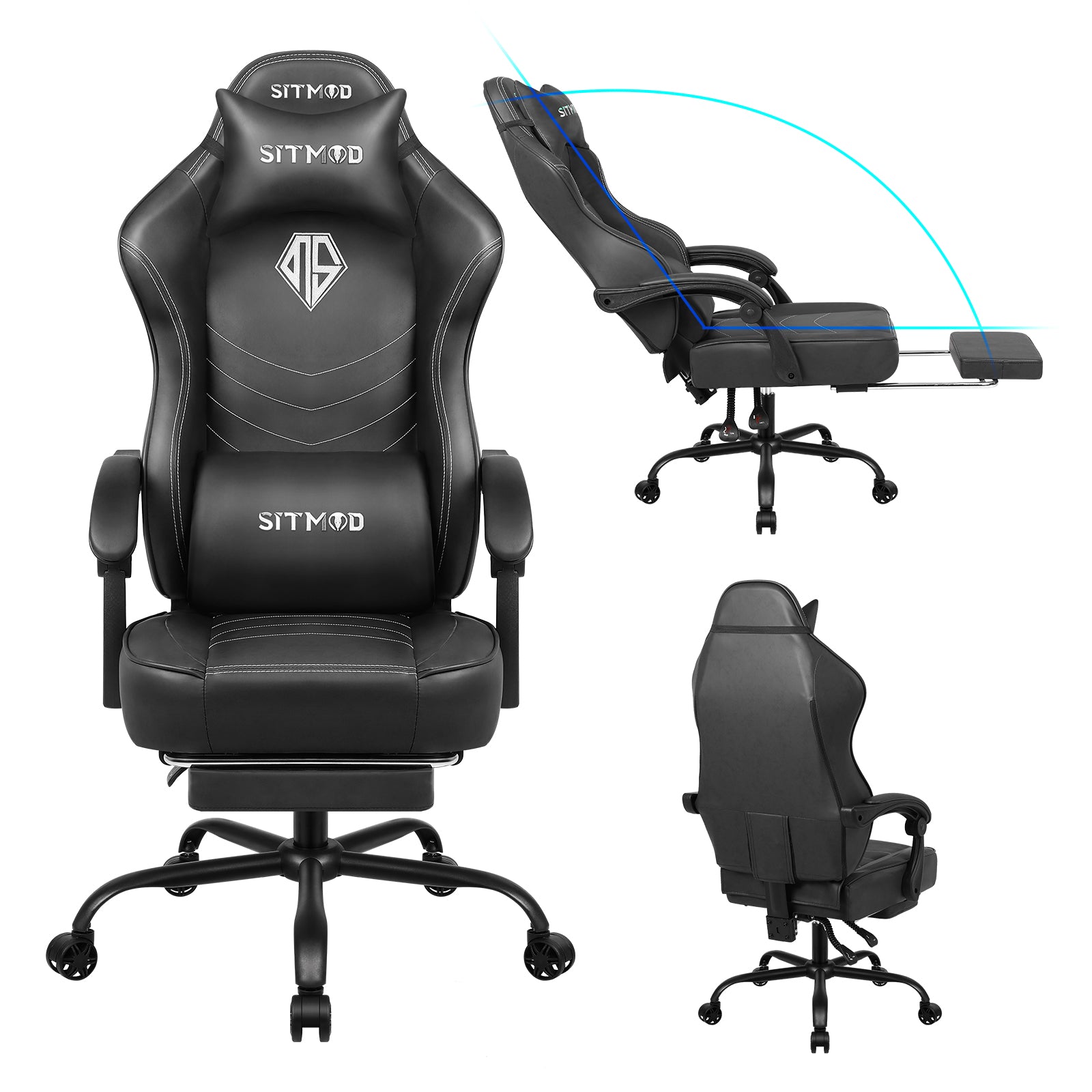 Gaming Chair with Footrest, Computer Task Chairs with Lumbar & Headrest Support, Big and Tall Height Adjustable Gamer Chairs with 360°-Swivel Cushion, PU Leather Office Game Chair for Adults