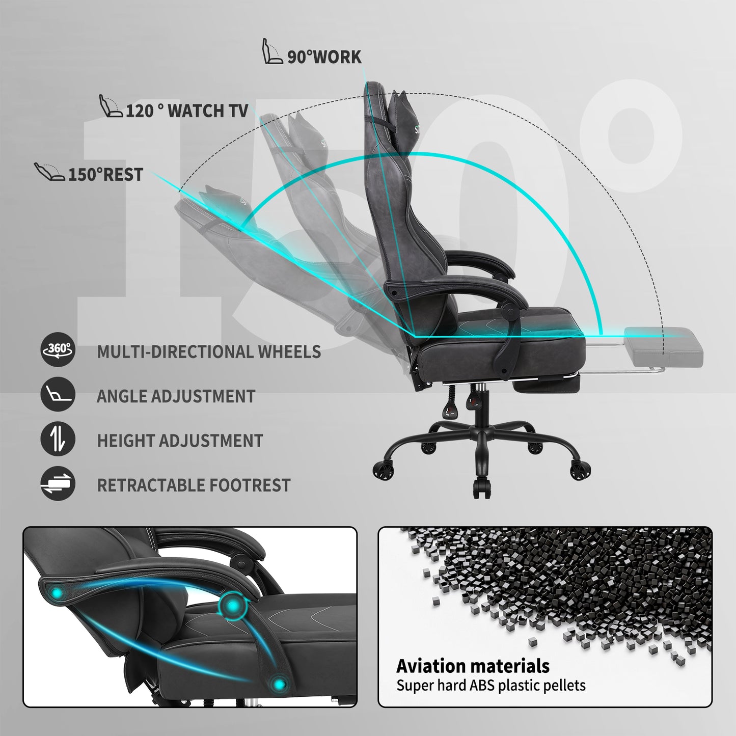 Gaming Chair with Footrest, Computer Task Chairs with Lumbar & Headrest Support, Big and Tall Height Adjustable Gamer Chairs with 360°-Swivel Cushion, PU Leather Office Game Chair for Adults