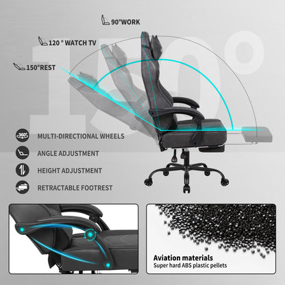 Gaming Chair with Footrest, Computer Task Chairs with Lumbar & Headrest Support, Big and Tall Height Adjustable Gamer Chairs with 360°-Swivel Cushion, PU Leather Office Game Chair for Adults