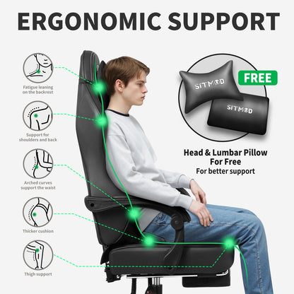 Gaming Chair with Footrest, Computer Task Chairs with Lumbar & Headrest Support, Big and Tall Height Adjustable Gamer Chairs with 360°-Swivel Cushion, PU Leather Office Game Chair for Adults