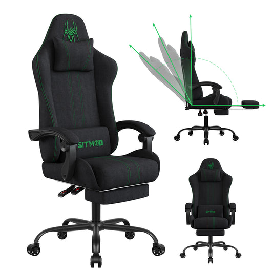 Fabric Gaming Chair with Footrest-Breathable Computer Chair with Headrest & Lumbar Pillow,Big and Tall Ergonomic Gamer Chair for Heavy Adults,22.44" Deep Seat Gaming Chairs for Adults