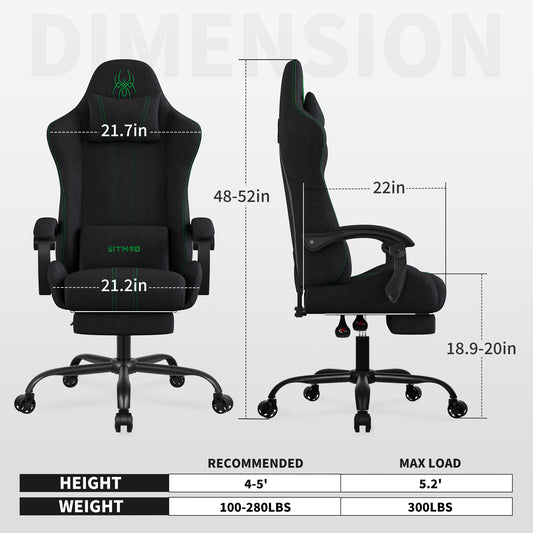 Fabric Gaming Chair with Footrest-Breathable Computer Chair with Headrest & Lumbar Pillow,Big and Tall Ergonomic Gamer Chair for Heavy Adults,22.44" Deep Seat Gaming Chairs for Adults