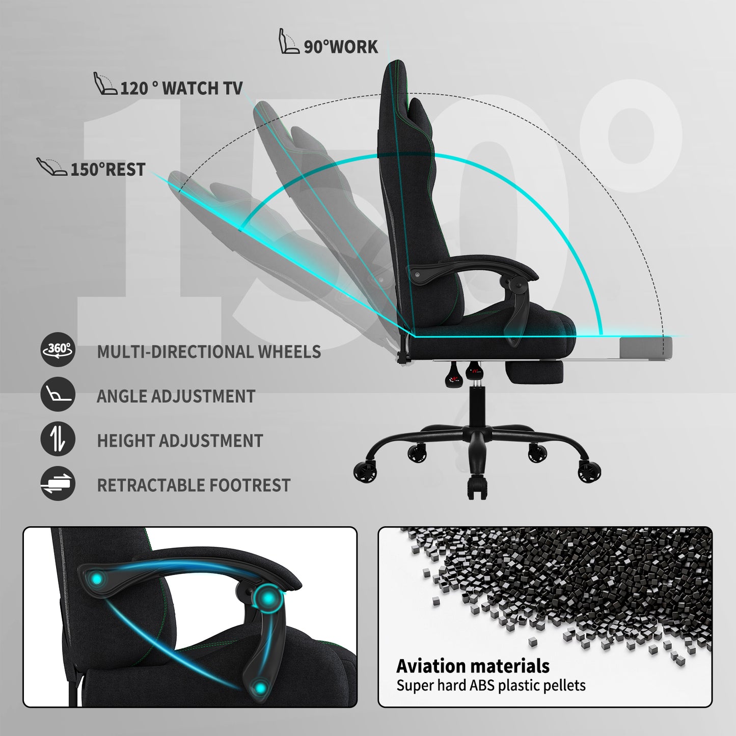 Fabric Gaming Chair with Footrest-Breathable Computer Chair with Headrest & Lumbar Pillow,Big and Tall Ergonomic Gamer Chair for Heavy Adults,22.44" Deep Seat Gaming Chairs for Adults