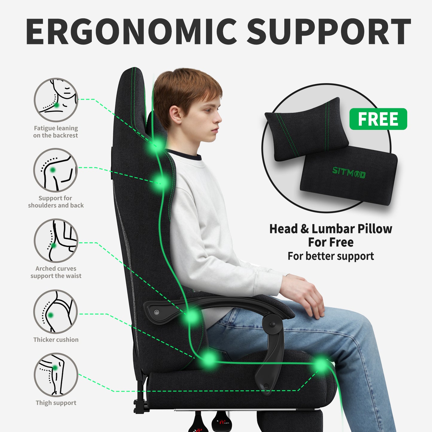 Fabric Gaming Chair with Footrest-Breathable Computer Chair with Headrest & Lumbar Pillow,Big and Tall Ergonomic Gamer Chair for Heavy Adults,22.44" Deep Seat Gaming Chairs for Adults