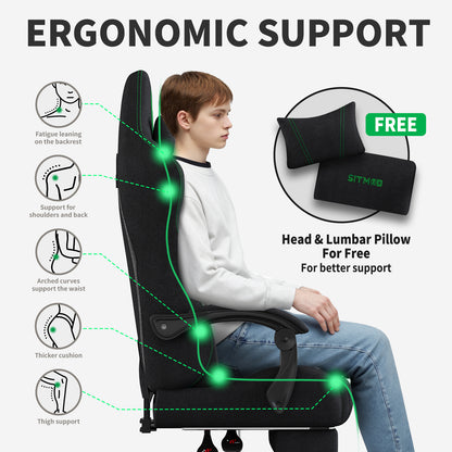 Fabric Gaming Chair with Footrest-Breathable Computer Chair with Headrest & Lumbar Pillow,Big and Tall Ergonomic Gamer Chair for Heavy Adults,22.44" Deep Seat Gaming Chairs for Adults