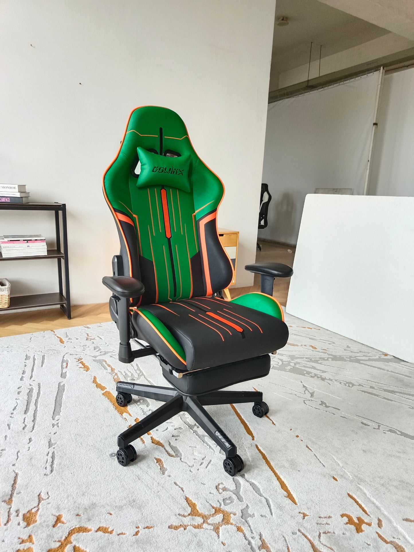 DOWINX Flat-Lying Gaming Chair 150° Convertible Bed Extended Footrest & Racing-Style Ergonomic Support