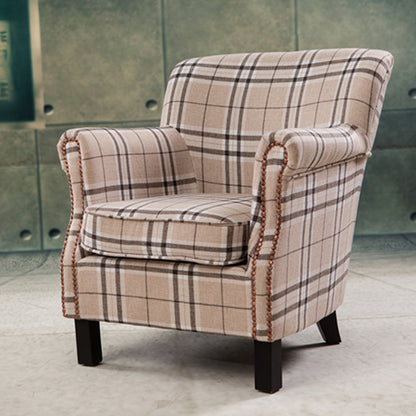 Chic Plaid Wingback Armchair & Ottoman Set Beige Brown Check Fabric Rivet Trim for Stylish Cozy Living Room Reading Nooks