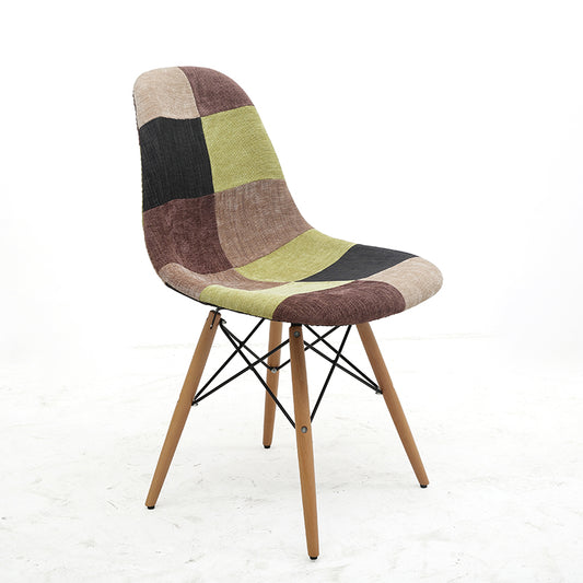 Retro Patchwork Fabric Armchair Classic Molded Back Wood-Metal Hybrid Frame & Artistic Color Blocks