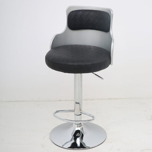 Adjustable Height Bar Stool Woven Leather Cushion Silver Metal Back Frame & Chrome Disc Base