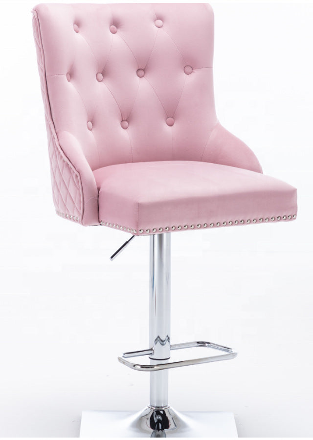 Adjustable Height Bar Stool Tufted Velvet Upholstery Studded Trim & Lion-Head Accent