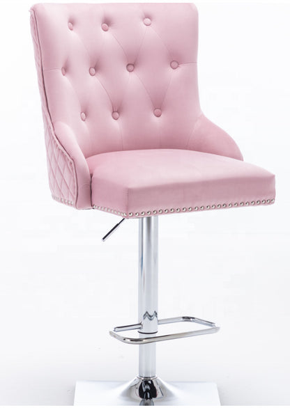 Adjustable Height Bar Stool Tufted Velvet Upholstery Studded Trim & Lion-Head Accent