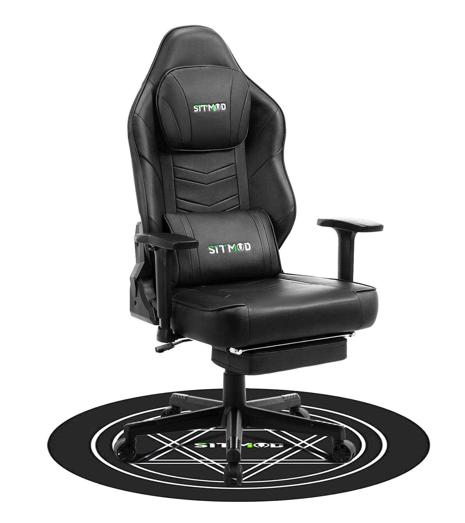 P05-SITMOD Black-White Massage Gaming Chair: Lumbar Pillow, Footrest, Mat, Adjustable Ergonomic Support for Gaming & Office Work Sessions
